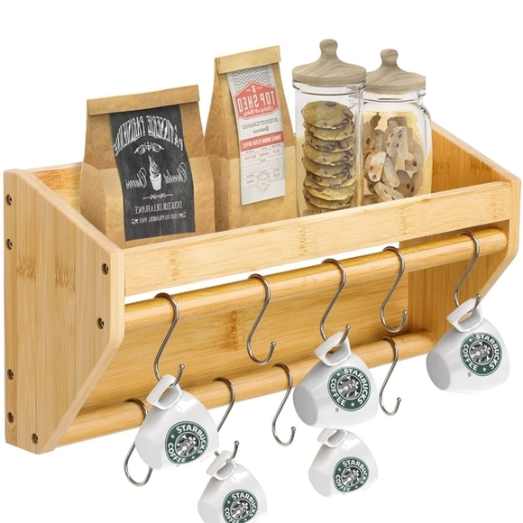 Bamboo wall mount to hang mugs and store stuff on the shelf. - Picture 1 of 7